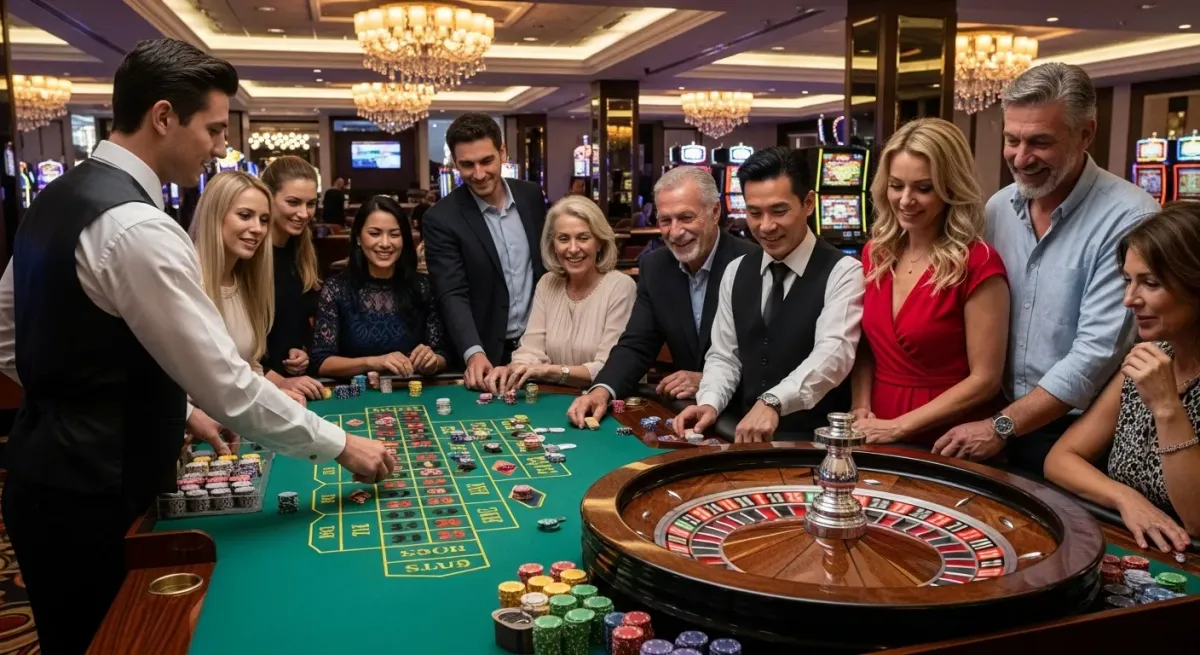 Book of Ra Leute spielen Roulette im Casino mit Croupier