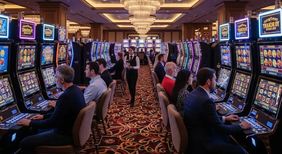 Book of Ra Gäste spielen an Spielautomaten in einem belebten Kasino