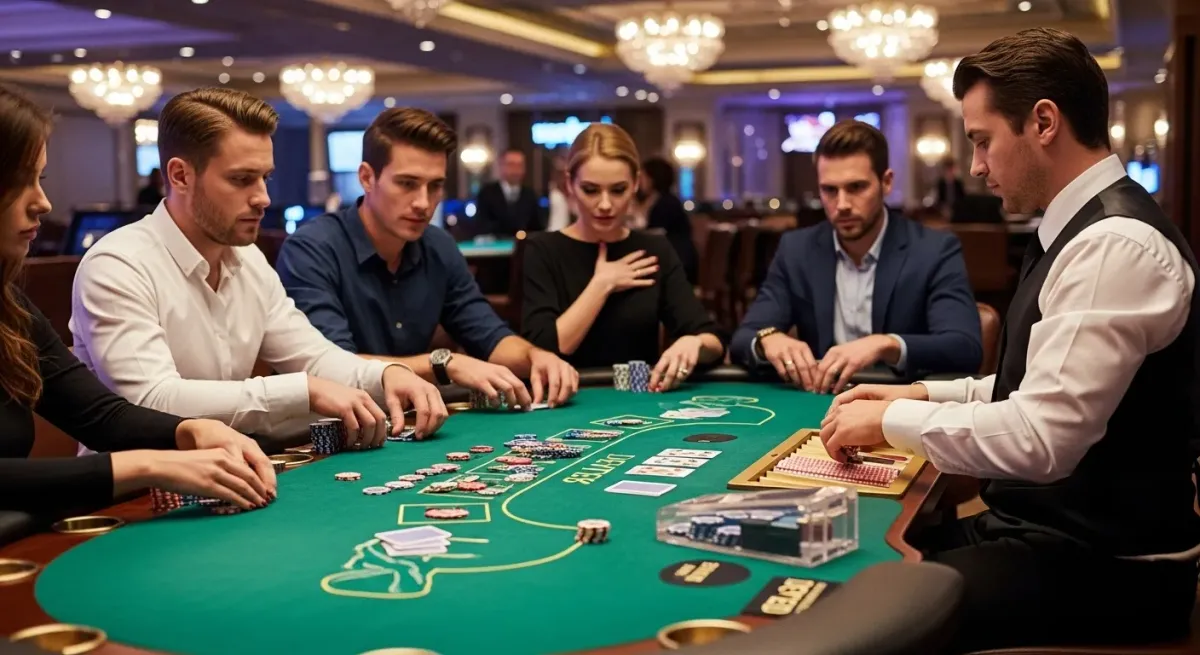 Book of Ra Personen spielen Poker am grünen Spieltisch mit Croupier im Casino